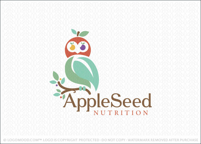 Apple Seed Fruit Owl Logo For Sale