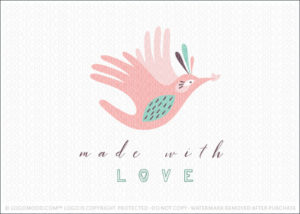 Made With Love Whimsical flying hand bird logo for sale