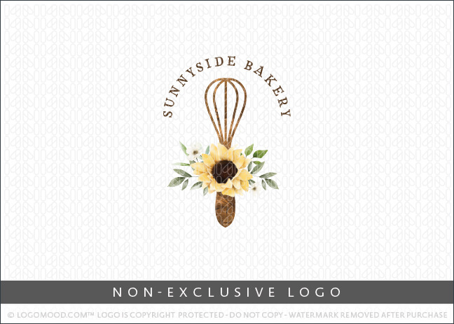 Watercolor Country Style Bakery Rustic Wooden Whisk Sunflower Non-Exclusive Logo For Sale LogoMood