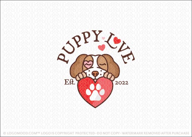 Cute Puppy Love Dog Holding A Heart Logo For Sale LogoMoo.com